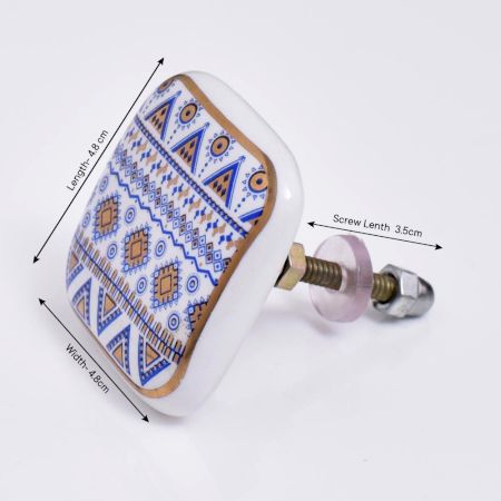 Blue Border Design Square Ceramic Cabinet Knob - Pack of 6